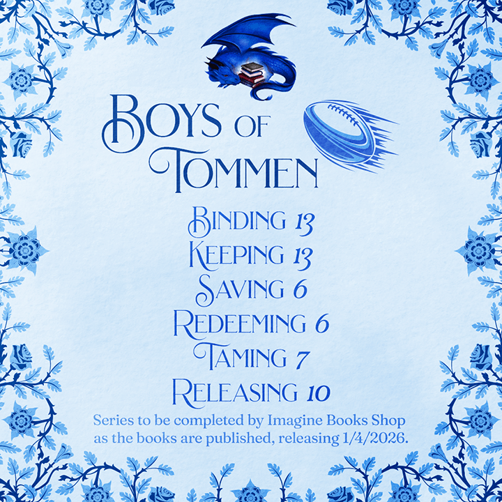 Promotional graphic for 'Boys of Tommen' book series with dragon and floral design on blue background