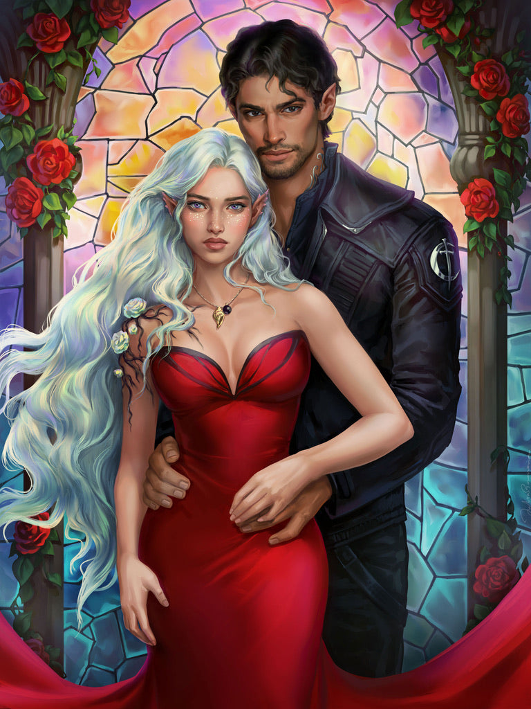Artistic depiction of a woman in a red dress and a man in a dark outfit against a stained glass window background.