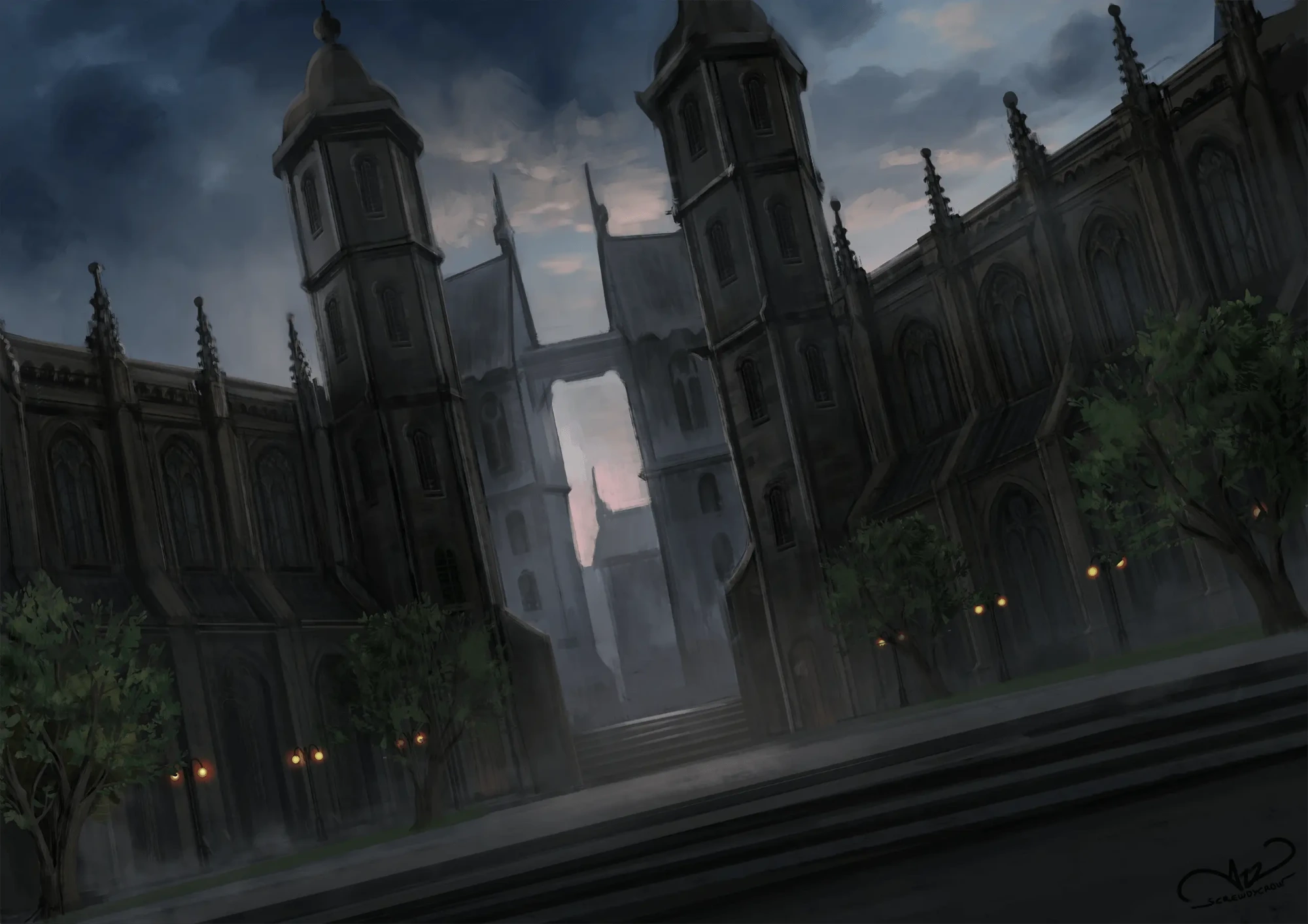 Gothic-style cathedral at dusk with trees and lights around