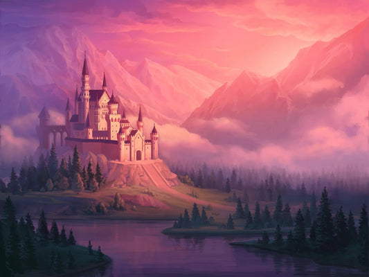 Fantasy castle in a mountainous landscape with a pink sky