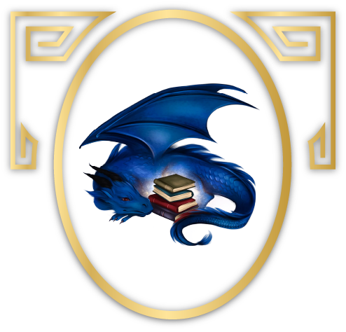 Blue dragon with books on a white background with a gold decorative border