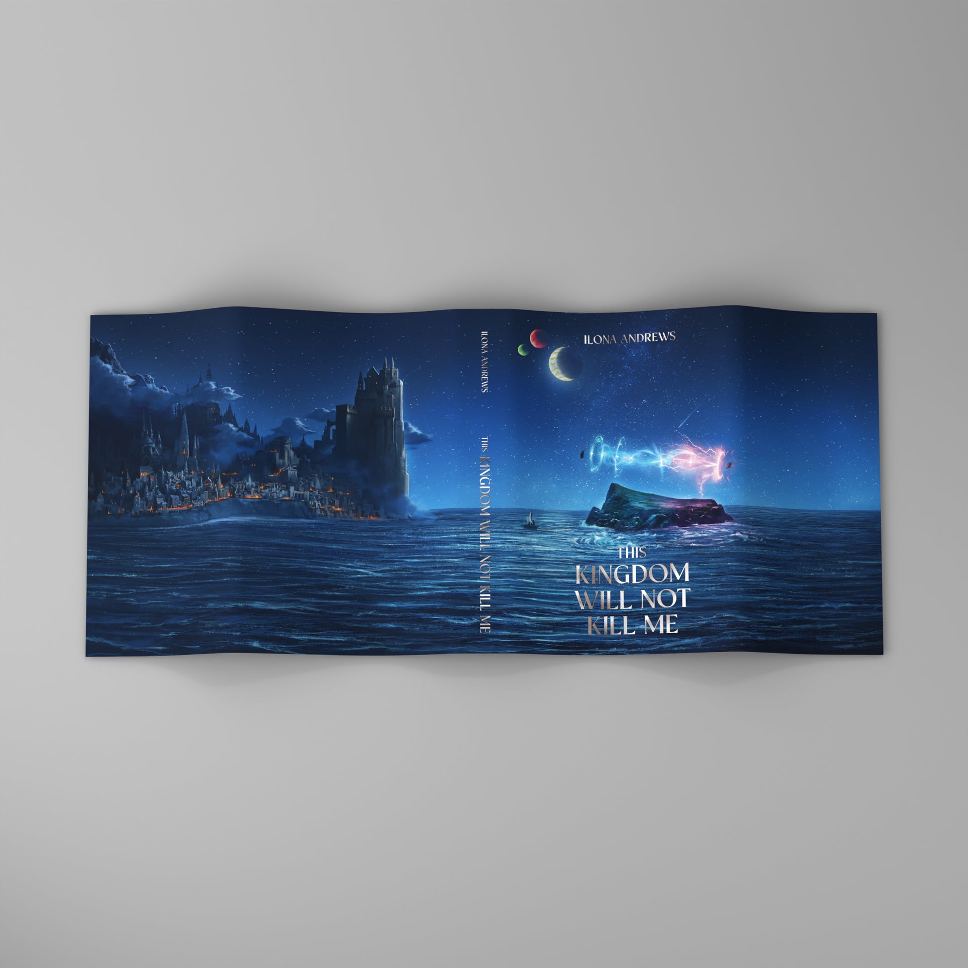 Folded book with a fantasy scene on a gray background