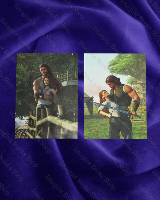 Two illustrations of a man and woman on a purple fabric background with 'Imagine Books Shop' watermark.